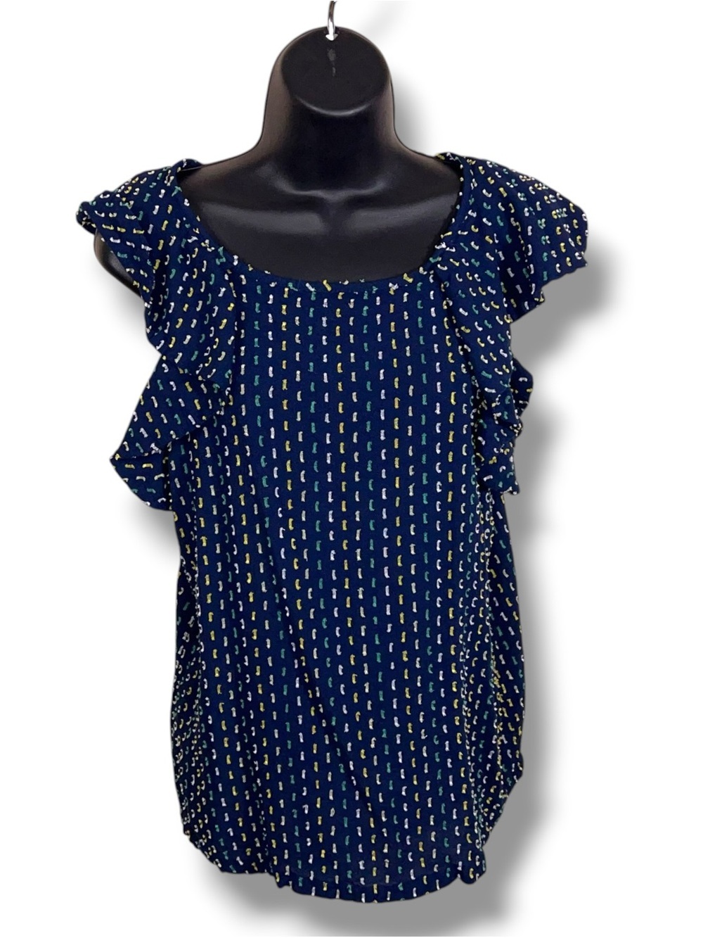 Small Ann Taylor Loft Navy Blue Ruffle Blouse Yellow Green Print Cotton Rayon